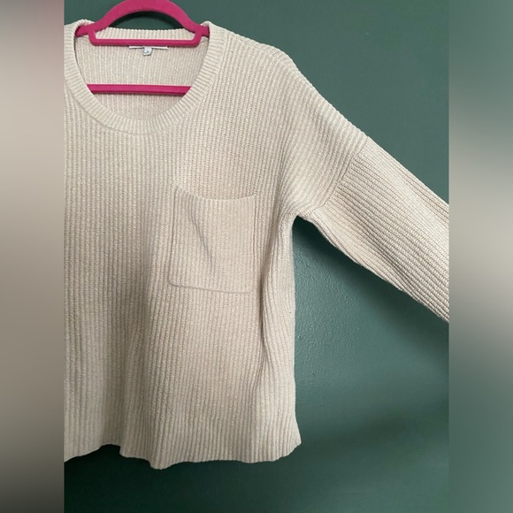 Madewell- cotton blend crewneck boxy fit cream beige ribbed sweater front pocket - Picture 5 of 12